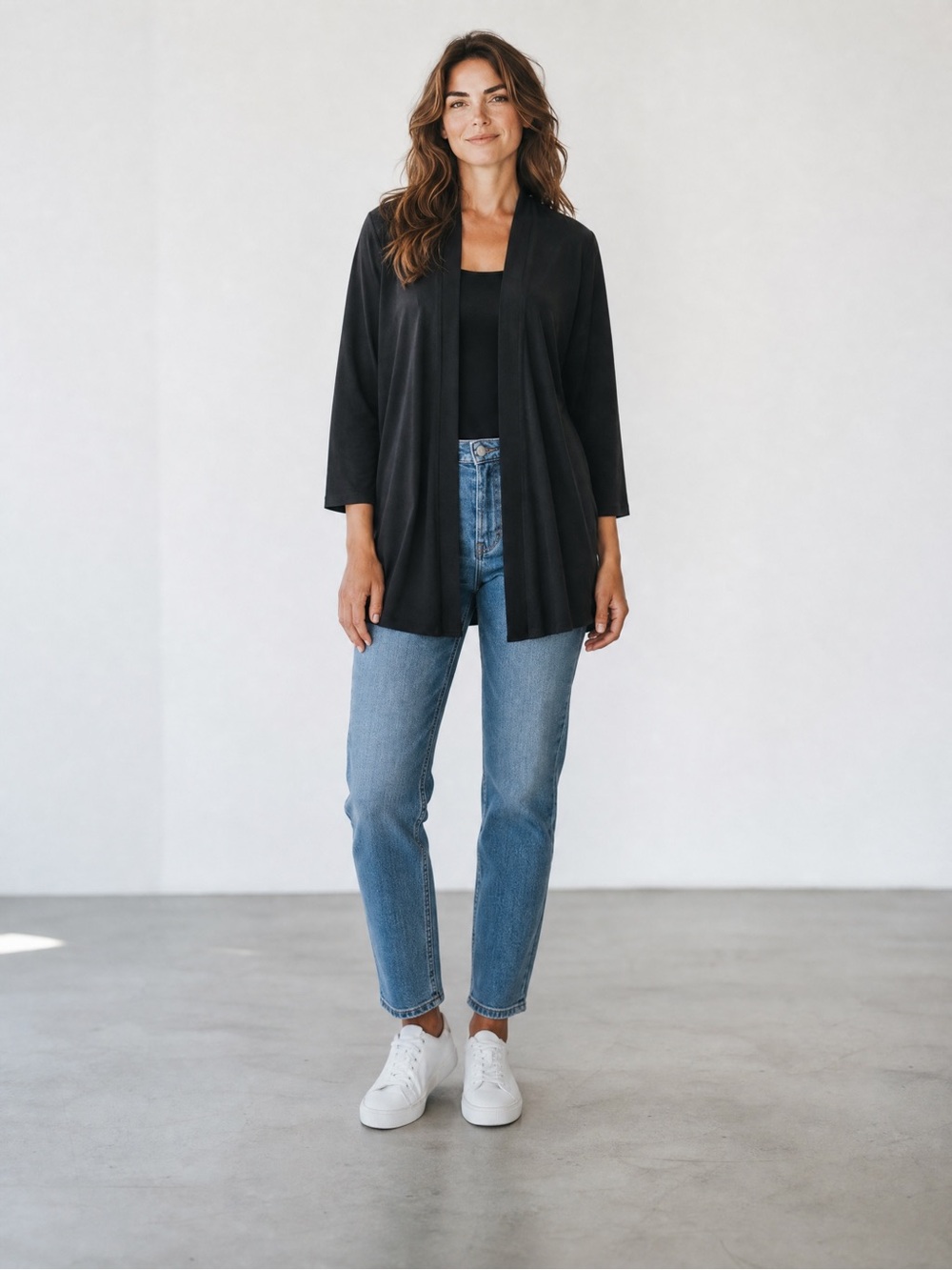 Susan Graver Liquid Knit Open Front Black Cardigan Size XL